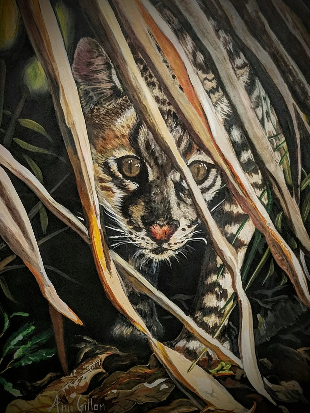 Wild Cat in the Reeds, painting by Ann Gillon
